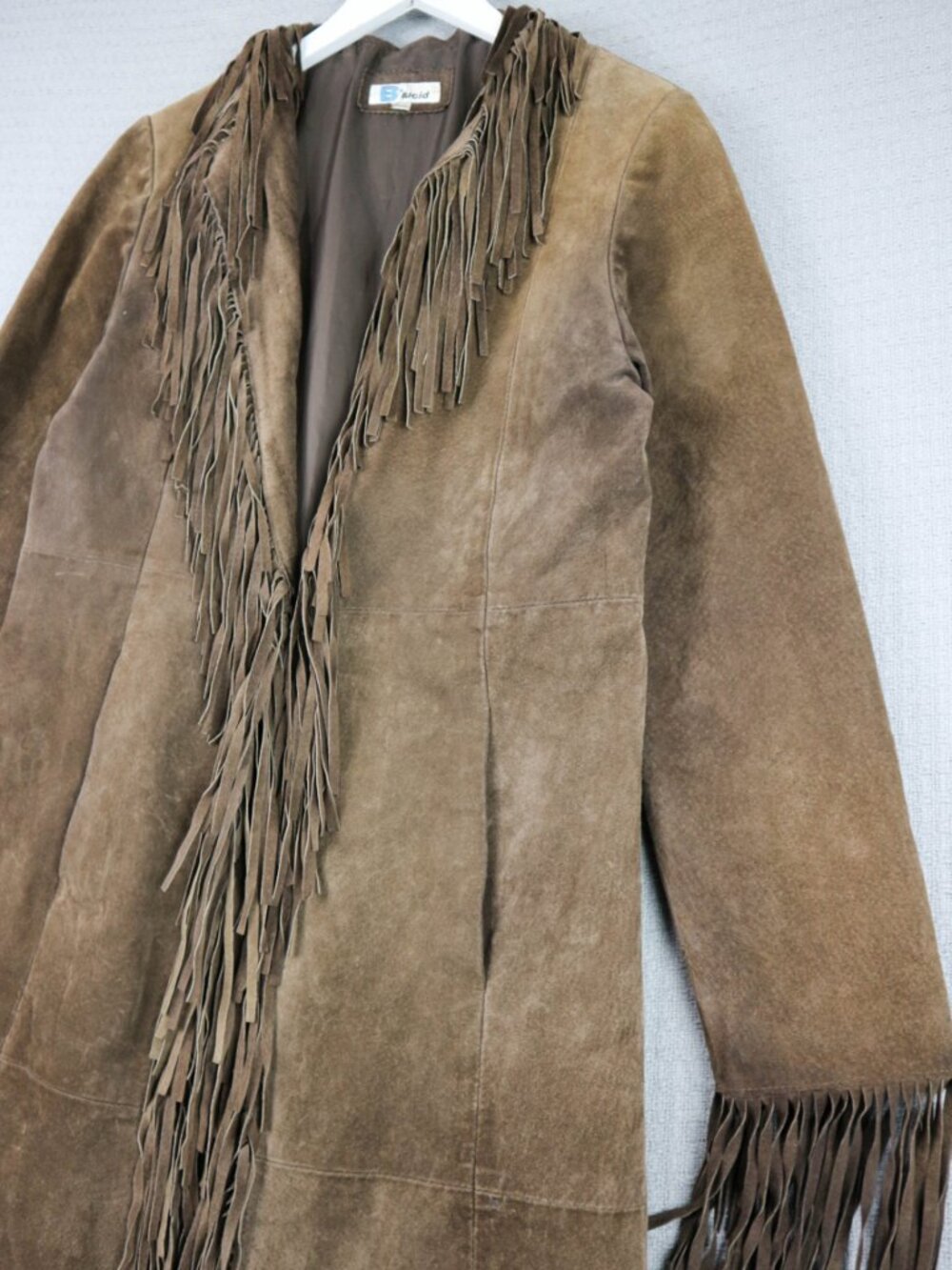 B Lucid fringed Brown Western Long Leather Suede Jacket Duster Fringe Coat XS - Picture 6 of 12